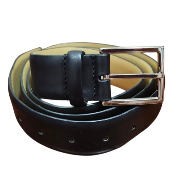 Men’s Black Leather Belt Battistoni Roma Italy Classic Dress Accessory Silver 44 - Picture 2 of 11